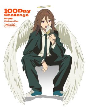 Rule 34 | 1boy, angel devil (chainsaw man), betti (xx betti), black jacket, black necktie, black pants, blue shoes, chainsaw man, copyright name, english text, feathered wings, full body, hair between eyes, halo, hand up, highres, holding, jacket, long hair, male focus, necktie, open mouth, pants, red eyes, shoes, sitting, solo, spiked hair, white wings, wings