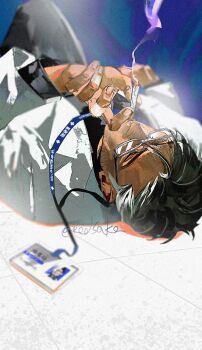 1boy bandaged_fingers bandages beard_stubble black_hair black_pants black_shirt blue_background cigarette closed_eyes coat facial_hair glasses highres holding holding_cigarette id_card lanyard lying male_focus mature_male old old_man on_back on_floor original pants redsakaone shirt short_hair simple_background smoking solo stubble white_background white_coat