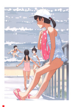 4girls baseball_cap beach bikini black_eyes black_hair day flat_chest flip-flops hat highres innertube long_hair multiple_girls one-piece_swimsuit original ponytail sandals short_hair slice_of_life swim_ring swimsuit takamichi tank_top tankini twintails