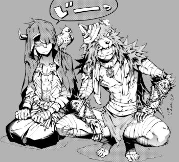 2boys abs animal_collar bandaged_arm bandaged_foot bandages barefoot bird body_markings clawed_gauntlets cloak collar covered_eyes eli_clark eli_clark_(experienced_huntsman) eye_mask facial_mark full_body grey_background greyscale hands_on_lap highres hood hooded_cloak identity_v kneeling loincloth looking_to_the_side loose_bandages male_focus mask monochrome multiple_boys muscular naib_subedar naib_subedar_(parasite) official_alternate_costume owl pectorals plunging_neckline smile squatting stitched_mouth stitches topless_male translation_request wolf_hat yousuke_(yosk)