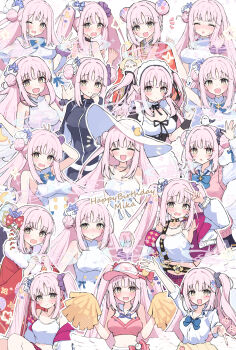 Rule 34 | 1girl, alternate costume, alternate hairstyle, animal, animal on head, apron, bare shoulders, bird, bird on head, black choker, black dress, black jacket, blue archive, blue bow, blue bowtie, blush, bow, bowtie, breasts, buttons, camisole, capelet, choker, cleavage, closed eyes, closed mouth, commentary request, crescent, crescent hat ornament, double-breasted, double bun, dress, feathered wings, gyaru, gym uniform, hair bun, hair ornament, hair scrunchie, halo, hand up, happy birthday, hat, hat ornament, highres, jacket, japanese clothes, kimono, large breasts, long hair, looking at viewer, looking up, low wings, maid apron, maid headdress, mika (blue archive), multiple views, navel, nose blush, notice lines, on head, one eye closed, open mouth, parted lips, pink hair, pink halo, pink jacket, pink sweater vest, pom pom (cheerleading), red hat, red kimono, sateto (user knrf2332), scrunchie, shirt, short hair with long locks, single hair bun, smile, sun hat, sundress, sweatdrop, sweater vest, track jacket, twintails, v, visor cap, white background, white camisole, white capelet, white dress, white shirt, wings, wrist scrunchie, yellow eyes