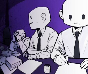 Rule 34 | 4boys, :/, body horror, burnt (off), closed mouth, collared shirt, commentary, crumpled paper, elsen (off), english commentary, hands on own face, holding, holding pen, long sleeves, male focus, multiple boys, off (game), paper, paper stack, pen, shirt, sitting, solid oval eyes, table, utsui0815, wing collar, writing