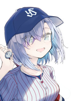 Rule 34 | 1girl, :d, ars almal, baseball, baseball bat, baseball cap, baseball jersey, baseball uniform, blue eyes, breasts, grey hair, hair between eyes, hat, highres, holding, holding baseball bat, jersey, large breasts, looking at viewer, nijisanji, open mouth, shirt, short hair, smile, solo, sportswear, striped clothes, striped shirt, tatami kami, upper body, vertical-striped clothes, vertical-striped shirt, virtual youtuber, white background, white shirt