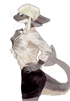 1girl black_skirt blonde_hair blue_eyes breath cetacean_tail claws collar_tug colored_skin commentary_request cowboy_shot fins fish_tail furry furry_female grey_skin hand_on_own_hip hand_up looking_to_the_side nagabe orca_girl original shirt short_hair simple_background skirt solo sweat tail wet wet_clothes wet_shirt white_background white_shirt