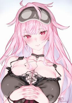 1girl absurdres armpit_crease babydoll black_babydoll black_choker black_mask blush breasts choker cleavage closed_mouth collarbone earrings fingernails highres hololive hololive_english interlocked_fingers jewelry kamiya_maneki large_breasts long_hair mask mask_on_head messy_hair mori_calliope mori_calliope_(sleepwear) nail_polish pink_eyes pink_hair pink_nails skull_choker skull_earrings sleep_mask smile solo virtual_youtuber white_background