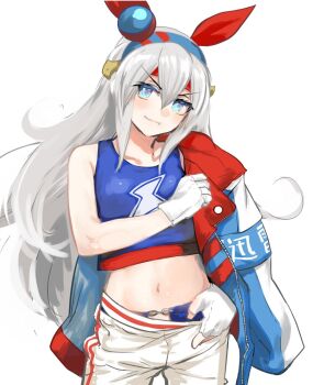 1girl animal_ears blue_eyes blue_hairband blush bow ear_bow ear_covers ear_ornament fang food grey_hair grey_tail hair_between_eyes hairband headband horse_ears horse_girl horse_tail jacket long_hair long_sleeves navel red_headband removing_jacket removing_pants shimura_(hosshi) shirt smile solo striped_clothes striped_hairband tail takoyaki tamamo_cross_(umamusume) tamamo_cross_(with_lightning_speed)_(umamusume) umamusume umamusume:_cinderella_gray very_long_hair
