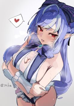 1girl absurdres blush breasts cleavage highres large_breasts long_hair looking_at_viewer nail_polish open_mouth pointy_ears purple_hair purple_nails red_eyes s4ika simple_background solo swimsuit vivian_banshee vivian_banshee_(iris_of_the_shore) white_background zenless_zone_zero