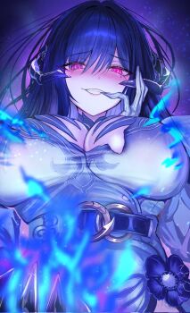 1girl belt black_hair blue_fire blush breasts burnt_clothes cleavage commentary constance_(honkai:_star_rail) demon_horns dress fire flower gloves grin hand_on_own_face highres honkai:_star_rail honkai_(series) horns large_breasts looking_at_viewer mole mole_under_eye penguintake pink_eyes smile star_(sky) white_dress