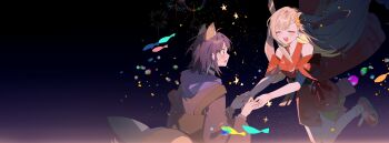 2girls absurdres animal_ear_fluff animal_ears blonde_hair blue_hoodie blue_nails blush breasts cho_kaguya-hime! choker closed_eyes commentary crescent crescent_hair_ornament forehead_jewel fox_ears fox_girl fox_tail full_body green_eyes hair_ornament highres holding_hands hood hood_down hoodie japanese_clothes kaguya_(cho_kaguya-hime!) kimono kxdgpnqgoe44409 long_hair long_sleeves looking_at_another lop_rabbit_ears medium_breasts midair multiple_girls night obi open_mouth pink_shoes purple_hair rabbit_ears red_kimono sakayori_iroha sash shoes short_hair short_kimono sidelocks smile socks star_(sky) sweatdrop swept_bangs tail teeth upper_teeth_only very_long_hair yuri