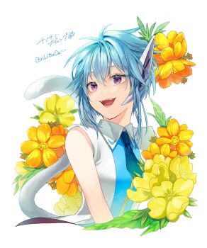 :d absurdres blue_hair blue_necktie cat_tail character_name collar flower galaxy_angel galaxy_angel_rune highres nano-nano_pudding necktie open_mouth purple_eyes ritsu_(r_litsuca) short_hair sleeveless smile tail twitter_username upper_body yellow_flower