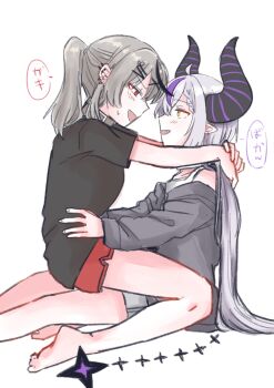 2girls absurdres arms_around_neck barefoot black_hair black_shirt blush commentary demon_girl demon_horns ear_piercing fang grey_hair grey_hoodie hand_on_another&#039;s_waist highres hololive hood hoodie horns la+_darknesss long_hair multicolored_hair multiple_girls piercing pointy_ears ponytail purple_hair red_eyes red_shorts sakamata_chloe shirt shorts simple_background sitting sitting_on_lap sitting_on_person smile speech_bubble streaked_hair symbol-only_commentary tora_(nanamiiill) translation_request virtual_youtuber white_background yellow_eyes yuri