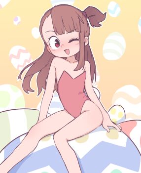 1girl arm_support asymmetrical_bangs bare_legs bare_shoulders blunt_bangs blush brown_hair collarbone commentary dot_nose easter easter_egg egg english_commentary feet_out_of_frame flat_chest gradient_background highres kagari_atsuko leotard little_witch_academia long_hair looking_at_viewer one_eye_closed one_side_up open_mouth orenjipiiru outline oversized_object playboy_bunny rabbit_tail red_eyes red_leotard side_ponytail single_sidelock sitting smile solo straight_hair strapless strapless_leotard tail white_outline yellow_background