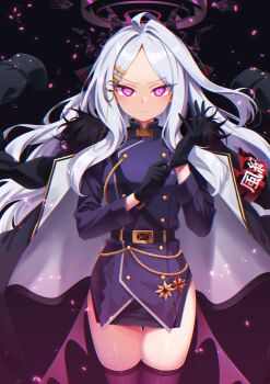 1girl absurdres armband black_coat black_gloves black_halo black_skirt black_thighhighs blue_archive blush breasts coat coat_on_shoulders demon_girl demon_horns demon_wings gloves halo highres hina_(blue_archive) horns leo23 looking_at_viewer low_wings purple_eyes red_armband skirt small_breasts solo standing thighhighs thighs wings