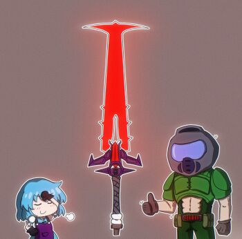 Rule 34 | 1boy, 1girl, absurdres, blue hair, brown background, brown gloves, chibi, closed eyes, closed mouth, commentary, doom (series), doom eternal, doomguy, english commentary, gloves, glowing, glowing weapon, helmet, highres, mark of the doom slayer, short hair, sleepymoon, smile, sword, tatara kogasa, thumbs up, touhou, weapon