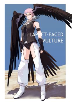 Rule 34 | 1girl, armband, arms at sides, bare shoulders, bird girl, bird tail, bird wings, black armband, black gloves, black hair, black shirt, black shorts, blonde hair, blue hair, boots, border, breasts, brown eyes, brown vest, chaps, character name, closed mouth, collared vest, commentary request, expressionless, fingerless gloves, full body, fur collar, gloves, highres, kemono friends, lappet-faced vulture (kemono friends), large breasts, legs apart, looking at viewer, multicolored hair, open clothes, open vest, outside border, oversized wings, pink hair, shirt, short hair, short shorts, shorts, solo, standing, tail, taut clothes, taut shirt, taut vest, vest, white boots, white border, white chaps, wings, yappa muri