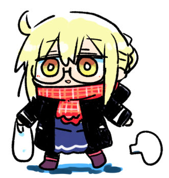 1girl :d artoria_pendragon_(fate) bag black-framed_eyewear black_jacket blonde_hair blue_shirt blue_skirt blush braid brown_eyes colored_shadow fate/grand_order fate_(series) glasses hair_bun holding holding_bag hood hood_down hooded_jacket jacket kasuga_yuuki long_sleeves lowres mysterious_heroine_x_alter_(fate) open_clothes open_jacket open_mouth plastic_bag red_scarf scarf semi-rimless_eyewear shadow shirt simple_background skirt smile solo under-rim_eyewear white_background