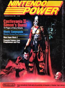 1boy blonde_hair cape castlevania_(series) castlevania_ii:_simon&#039;s_quest chain_whip corpse cover dracula_(castlevania) full_body hand_on_another&#039;s_head konami lowres magazine_(object) magazine_cover nintendo nintendo_power non-web_source red_eyes simon_belmont skull standing whip