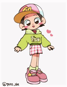 Rule 34 | 1girl, adeleine, artist name, baseball cap, black eyes, black hair, green hoodie, grey background, hat, heart, hood, hoodie, kirby (series), kirby 64, looking at viewer, nintendo, pink shoes, pink shorts, shoes, shorts, simple background, smile, sneakers, tako (katw4223)