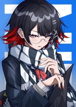 1girl absurdres black_hair black_jacket black_scarf colored_inner_hair commentary_request ellen_joe fins fish_tail glasses highres jacket mole mole_under_eye multicolored_hair mutsu_aya red_eyes red_hair scarf shark_girl shark_tail shirt short_hair solo striped_clothes striped_scarf tail upper_body white_scarf white_shirt zenless_zone_zero