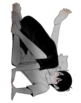 2boys alternate_costume antenna_hair arm_support barefoot basil_(faraway)_(omori) basil_(omori) closed_eyes commentary double-parted_bangs english_commentary greyscale hair_between_eyes highres knee_up maisani male_focus monochrome multiple_boys omori shirt short_hair shorts sidelocks sitting spot_color sunny_(omori) sweat t-shirt twitter_username wariza yaoi