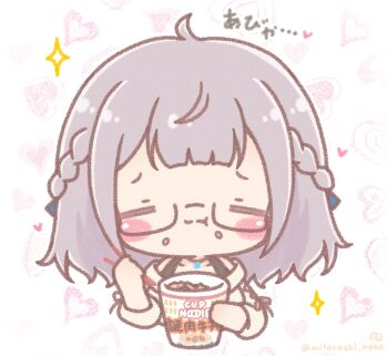 Rule 34 | 1girl, :t, = =, ahoge, bare shoulders, black-framed eyewear, blush stickers, braid, brown sweater, chibi, chopsticks, closed eyes, closed mouth, commentary request, cup, facing viewer, food, food on face, glasses, heart, heart background, holding, holding chopsticks, holding cup, hololive, instant cup noodles, instant noodles, mitarashi neko, off-shoulder sweater, off shoulder, semi-rimless eyewear, shirogane noel, shirogane noel (casual), solo, sparkle, sweater, translation request, under-rim eyewear, virtual youtuber, wavy mouth, white background