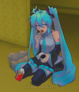 1girl absurdres aqua_eyes aqua_hair aqua_nails aqua_necktie artist_name backrooms_(creepypasta) bare_shoulders black_boots black_skirt black_sleeves boots brand_name_imitation bright_pupils cup detached_sleeves disposable_coffee_cup disposable_cup eating english_text fast_food film_grain food french_fries grey_shirt hair_between_eyes hair_ornament hand_up hatsune_miku heterochromia highres holding holding_cup indoors logo_parody long_hair long_sleeves looking_at_viewer meme nail_polish necktie number_tattoo on_floor open_mouth pleated_skirt raised_eyebrow sainttufa seiza shirt shoulder_tattoo sitting skirt sleeveless sleeveless_shirt soda solo subtitled tattoo teeth thigh_boots twintails upper_teeth_only very_long_hair vocaloid watermark wcdonald&#039;s white_pupils