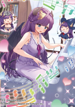 1girl beamed_sixteenth_notes blue_eyes bookshelf braid braided_hair_rings breasts brown_horns copyright_notice demon_girl demon_horns demon_wings dress equal_(heartstrings) hair_ornament hair_rings heart horns image_in_speech_bubble indoors instrument jewelry long_hair music musical_note musical_staff necklace official_art open_mouth piano_bench playing_instrument playing_piano purple_dress purple_hair sitting sleeveless sleeveless_dress solo sparkle ugly_(z/x) window wings z/x