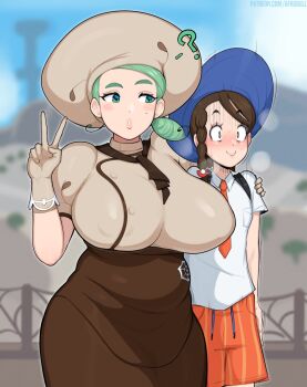 2girls afrobull age_difference alternate_breast_size apron ascot belly blush braid breasts brown_ascot brown_hair brown_skirt buttons collared_shirt confused covered_erect_nipples curvy gloves green_eyes green_hair hat height_difference highres huge_breasts juliana_(pokemon) katy_(pokemon) light_green_hair long_hair mature_female mole mole_on_cheek multiple_girls naranja_academy_school_uniform necktie nervous_smile nintendo open_mouth plump pokemon pokemon_sv puffy_short_sleeves puffy_sleeves school_uniform shirt short_sleeves side_ponytail skirt smile