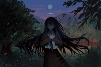 1girl black_hair black_necktie blazer brown_jacket closed_mouth collared_shirt commentary_request dress_shirt expressionless falling_leaves floating_hair flower forest grass halo highres hitoto_0058 jacket lapels leaf long_hair long_sleeves looking_at_viewer moon nature necktie night notched_lapels open_clothes original outdoors own_hands_together pleated_skirt red_eyes school_uniform shirt skirt sky solo tree upper_body very_long_hair white_halo white_shirt