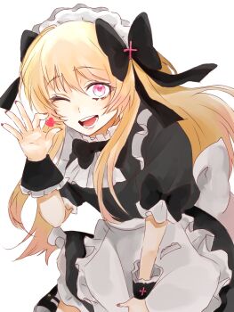 1girl ;d apron artist_request black_ribbon blonde_hair chaos_marie_(grimms_notes) fingernails grimms_notes hair_ribbon long_hair looking_at_viewer maid one_eye_closed open_mouth pink_eyes pink_nails ribbon smile solo source_request white_apron