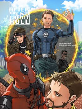 5boys anger_vein beard black_gloves blade_(marvel) blade_(series) bodysuit brown_hair closed_eyes closed_mouth coat commentary_request crossover dark-skinned_male dark_skin deadpool deadpool_&amp;_wolverine deadpool_(series) dhampir facial_hair fantastic_four fingerless_gloves fire gambit gloves highres johnny_storm katana looking_at_another male_focus marvel marvel mature_male multiple_boys multiple_crossover muscular muscular_male open_mouth red_bodysuit red_mask short_hair smile superhero_costume sweatdrop sword sword_on_back trench_coat u-ka_(fukei) undead vampire weapon weapon_on_back wolverine_(x-men) x-men