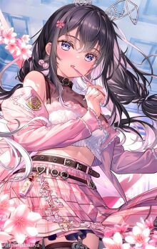 1girl animal_ears bare_shoulders belt black_choker black_hair blue_eyes blueberry_(fujima_takuya) breasts choker cowboy_shot crop_top crop_top_overhang fake_animal_ears fujima_takuya hairband hashtag-only_commentary high-waist_skirt jacket long_hair looking_at_viewer medium_breasts midriff multicolored_hair off_shoulder open_mouth original pink_jacket pink_skirt plaid_clothes plaid_skirt pleated_skirt rabbit_ears shirt skirt sleeveless sleeveless_shirt solo thighhighs two-tone_hair white_shirt zettai_ryouiki