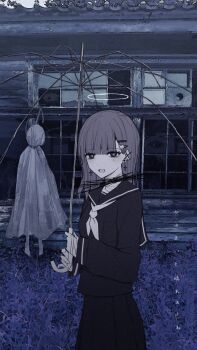 1girl 1other :d abandoned bandaged_hand bandaged_neck bandages barbell_piercing black_sailor_collar black_serafuku black_shirt black_skirt broken_umbrella building commentary corpse crazy cross cross_earrings day disembodied_eye ear_piercing earrings grey_hair hair_ornament hairclip halo hanged highres holding holding_umbrella horror_(theme) industrial_piercing jewelry kanju long_hair looking_at_viewer mole mole_under_eye neckerchief open_mouth original outdoors piercing pleated_skirt sailor_collar school_uniform serafuku shirt skirt smile solo_focus stairs teruterubouzu text_in_eyes translation_request umbrella white_neckerchief window