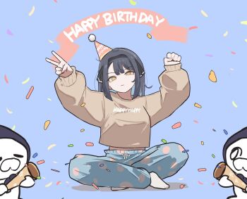 1girl aqua_pants asymmetrical_bangs black_hair black_hairband black_ribbon blue_background braid brown_sweater clenched_hand closed_mouth commentary confetti dress english_text full_body gangzi_(vtuber) hairband hands_up happy_birthday hat highres indian_style long_hair long_sleeves no_shoes pants party_hat party_popper polka_dot_pants ribbon sidelocks sitting ssssd stellive sweater symbol-only_commentary v v-shaped_eyebrows virtual_youtuber yellow_eyes