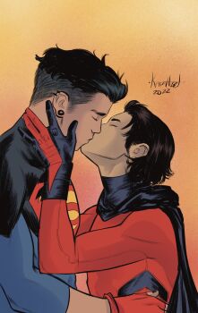 2boys artist_name batman_(series) bodysuit closed_eyes commentary conner_kent cowboy_shot dated dc_comics english_commentary fingerless_gloves gloves hands_on_another&#039;s_face highres karahuset kiss kon-el male_focus multiple_boys robin_(dc) simple_background superboy superhero_costume superman_(series) tim_drake upper_body yaoi young_justice