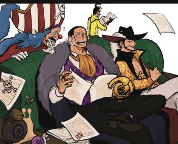 4boys ascot beard black_gloves black_hair black_pants blue_hair buggy_the_clown cigar commentary_request crocodile crocodile_(one_piece) crocodilian dracule_mihawk f4ylu facial_hair flying_paper flying_sweatdrops galdino gloves hat highres holding holding_paper hook_hand jewelry letterboxed long_hair male_focus multiple_boys mustache one_piece orange_ascot pants paper pirate_hat red_nose ring shirt sitting smoke stitched_face stitches yellow_shirt