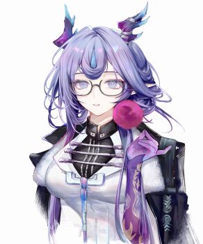 Rule 34 | 1girl, absurdres, arknights, black jacket, blue eyes, commentary request, dragon horns, dress, earrings, gelasi, glasses, hand up, highres, horns, jacket, jacket on shoulders, jewelry, jun (arknights), long hair, looking at viewer, parted lips, pointy ears, pom pom (clothes), pom pom earrings, purple hair, purple hands, simple background, solo, upper body, white background, white dress