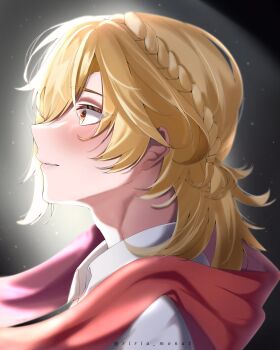 1boy blonde_hair braid commentary english_commentary from_side genshin_impact grey_eyes highres kaveh_(genshin_impact) male_focus parted_bangs parted_lips portrait profile red_eyes riria_mona1 shirt short_hair solo white_shirt