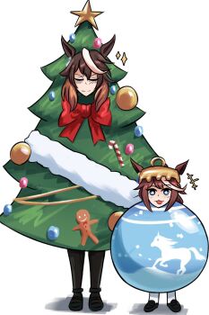 2girls absurdres animal_ears black_pantyhose blue_eyes bow brown_hair candy candy_cane christmas christmas_ornaments christmas_tree christmas_tree_costume closed_eyes closed_mouth commentary costume english_commentary food gingerbread_man hair_between_eyes highres horse_ears horse_girl lad_der long_hair looking_at_viewer multicolored_hair multiple_girls pantyhose red_bow simple_background smile sparkle streaked_hair symboli_rudolf_(christmas_emperor_tree)_(umamusume) symboli_rudolf_(umamusume) tokai_teio_(umamusume) tongue tongue_out tree_costume two-tone_hair umamusume white_background white_hair white_pantyhose