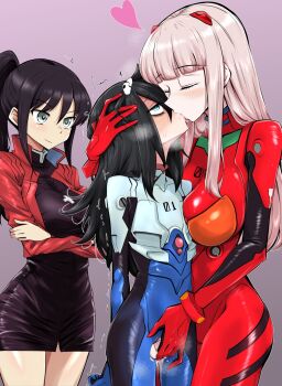 3girls bags_under_eyes black_dress black_hair blush bodysuit breasts closed_eyes commentary_request commission commissioner_upload cosplay cross cross_necklace dress drooling female_ejaculation female_orgasm fingering green_eyes grey_eyes heart heavy_breathing highres ikari_shinji ikari_shinji_(cosplay) interface_headset_(evangelion) jacket jewelry katou_asuka katsuragi_misato katsuragi_misato_(cosplay) kiss kuroki_tomoko large_breasts long_hair mecha_pilot_suit multiple_girls necklace orgasm pixiv_commission plugsuit_(evangelion) ponytail pussy_juice red_jacket rolling_eyes sasaki_fuuka small_breasts souryuu_asuka_langley souryuu_asuka_langley_(cosplay) torn_bodysuit torn_clothes trembling ufufuto watashi_ga_motenai_no_wa_dou_kangaetemo_omaera_ga_warui! yuri