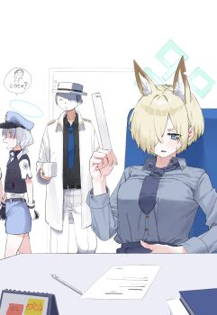 1boy 2girls ? animal_ears black_shirt blonde_hair blue_archive blue_eyes blue_halo blue_hat blue_necktie blue_shirt blue_skirt book breasts chair coat collared_shirt cup dog_ears doodle_sensei_(blue_archive) extra_ears faceless gloves hair_over_one_eye halo hand_on_own_stomach hat highres holding holding_cup holding_ruler kanna_(blue_archive) kanna_(young)_(blue_archive) large_breasts light_blush lonklink loose_necktie measuring mug multiple_girls necktie pants pen_spinning penis_measuring police police_uniform ruler sensei_(blue_archive) shirt short_hair sitting skirt speech_bubble sweatdrop table valkyrie_police_academy_student_(sg)_(blue_archive) vest white_coat white_gloves white_hair white_hat white_pants white_shirt