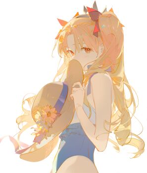 Rule 34 | 1girl, ask (askzy), bare shoulders, blonde hair, blue one-piece swimsuit, blush, covered mouth, cowboy shot, ereshkigal (fate), fate/grand order, fate (series), flower, frilled one-piece swimsuit, frills, hair ribbon, hat, hat flower, hat ribbon, holding, holding unworn clothes, holding unworn hat, long hair, looking at viewer, one-piece swimsuit, parted bangs, red eyes, ribbon, simple background, solo, ereshkigal (swimsuit beast) (fate), straw hat, swimsuit, two-tone one-piece swimsuit, two-tone swimsuit, two side up, unworn hat, unworn headwear, white background, white one-piece swimsuit