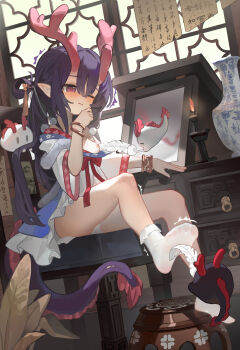 1girl absurdres ai_si_te_yisheng_tui ankle_socks architecture bobby_socks calligraphy candle chair chinese_clothes chinese_text clothes_pull creature desk dragon_girl dragon_horns dragon_tail dress_pull east_asian_architecture feet ghost hair_ornament hair_stick hanfu highres horns indoors large_variant_set loli long_hair mirror nipple_stimulation nipples original panties pantyshot pink_eyes pom_pom_(clothes) pom_pom_hair_ornament purple_hair qinghua_(porcelain) sitting socks solo stool tail tickling underwear variant_set vase white_panties