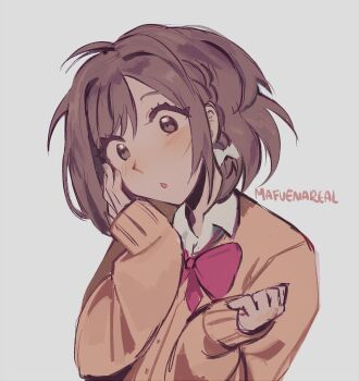 1girl :o arm_up blush bow bowtie braid brown_eyes brown_hair cardigan collared_shirt commentary cropped_torso english_commentary grey_background hair_ribbon hand_on_own_face highres kamiyama_high_school_uniform_(project_sekai) mafuenareal orange_cardigan pink_bow pink_bowtie project_sekai ribbon school_uniform shinonome_ena shirt short_hair side_braid single_braid solo thick_eyelashes twitter_username upper_body white_ribbon white_shirt