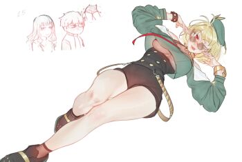 1girl arcueid_brunestud blonde_hair breasts cropped_shirt full_body green_hat green_shirt hat high-waist_shorts highres large_breasts leodot one_eye_closed red_eyes see-through_clothes shirt short_hair shorts simple_background solo_focus tongue tongue_out tsukihime underboob white_background