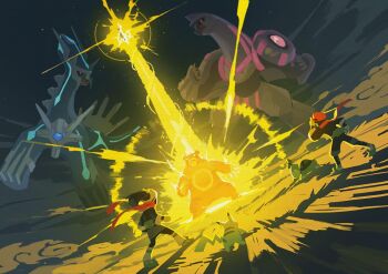 00s 1boy 1girl 2013 2024_pokemon_teraleak 5others akari_(pokemon) angry animal_focus arceus aura breasts claws concept_art dialga energy_gun epic explosion floating_hair full_body galaxy_expedition_team_survey_corps_uniform gen_1_pokemon gen_2_pokemon gen_4_pokemon glowing hat highres legendary_pokemon long_hair looking_at_another multiple_others mythical_pokemon night nintendo official_art outdoors palkia pikachu pokemon pokemon_legends:_arceus ponytail production_art red_eyes red_hat red_scarf reference_sheet rei_(pokemon) scarf short_hair sky standing turtwig ursaring weapon wind