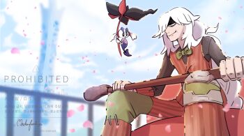 Rule 34 | 1boy, az (pokemon), bright pupils, brown vest, cane, closed mouth, commentary request, day, falling petals, floette, floette (eternal), from below, gen 6 pokemon, holding, holding cane, long hair, long sleeves, male focus, mocha fushigi, nintendo, outdoors, pants, petals, pokemon, pokemon (creature), pokemon legends: z-a, shirt, signature, sitting, smile, stitches, vest, watermark, white hair