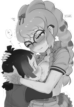 1boy 1girl ^^^ areola_slip arms_around_another's_waist black_hair black_shirt blush bow braid braided_ponytail breast_press breast_slip breast_sucking breastfeeding breasts breasts_out closed_mouth collarbone confused crocodilian_tail dot_nose eyelashes fingerless_gloves furrowed_brow glasses gloves greyscale hair_bow hair_ornament half-closed_eyes hand_on_another's_head hands_on_another's_face hands_on_another's_head head_grab height_difference hetero high_ponytail highres hug jacket kemono_friends kemono_friends_2 kyururu_(kemono_friends) leather leather_jacket long_hair looking_at_another masuyama_ryou medium_breasts monochrome motion_lines multicolored_hair nose_blush open_clothes open_shirt over-rim_eyewear ponytail scales semi-rimless_eyewear shirt short_hair short_ponytail short_sleeves sidelocks simple_background skirt sleeveless sleeveless_jacket spectacled_caiman_(kemono_friends) spiked_knuckles standing sweat tail tearing_up trembling two-tone_hair upper_body vest wardrobe_malfunction white_background