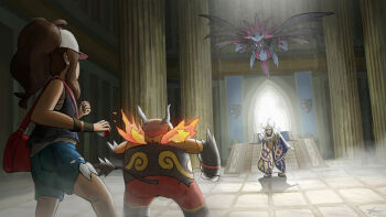 1boy 1girl 2others absurdres bag baseball_cap battle black_vest blue_robe boar brown_cloak cathedral church cloak dappled_sunlight denim denim_shorts dragon dust facing_another fighting_stance fire flying ghetsis_(pokemon) hair_slicked_back handbag hat high_ponytail highres hilda_(pokemon) holding holding_poke_ball indoors multiple_heads multiple_others nintendo pillar poke_ball pokemon pokemon_(creature) pokemon_bw ponytail red_bag robe shirt shorts sleeveless sleeveless_shirt sunlight tile_floor tiles torn_clothes torn_shorts vest white_hat white_shirt whiteout_4102