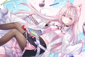 1girl animal_ear_fluff animal_ears bad_id bad_pixiv_id black_choker black_skirt bottle braid brown_pantyhose choker closed_mouth collared_shirt crop_top crown_braid feet_out_of_frame frilled_skirt frills hakui_koyori hand_up hololive holox lab_coat long_hair long_sleeves looking_at_viewer murano101 nail_polish necktie open_clothes pantyhose pinching_sleeves pink_background pink_hair pink_nails pink_necktie pleated_skirt potion purple_eyes shirt skirt sleeves_past_wrists smile solo tail very_long_hair vial virtual_youtuber white_shirt wide_sleeves wolf_ears wolf_tail